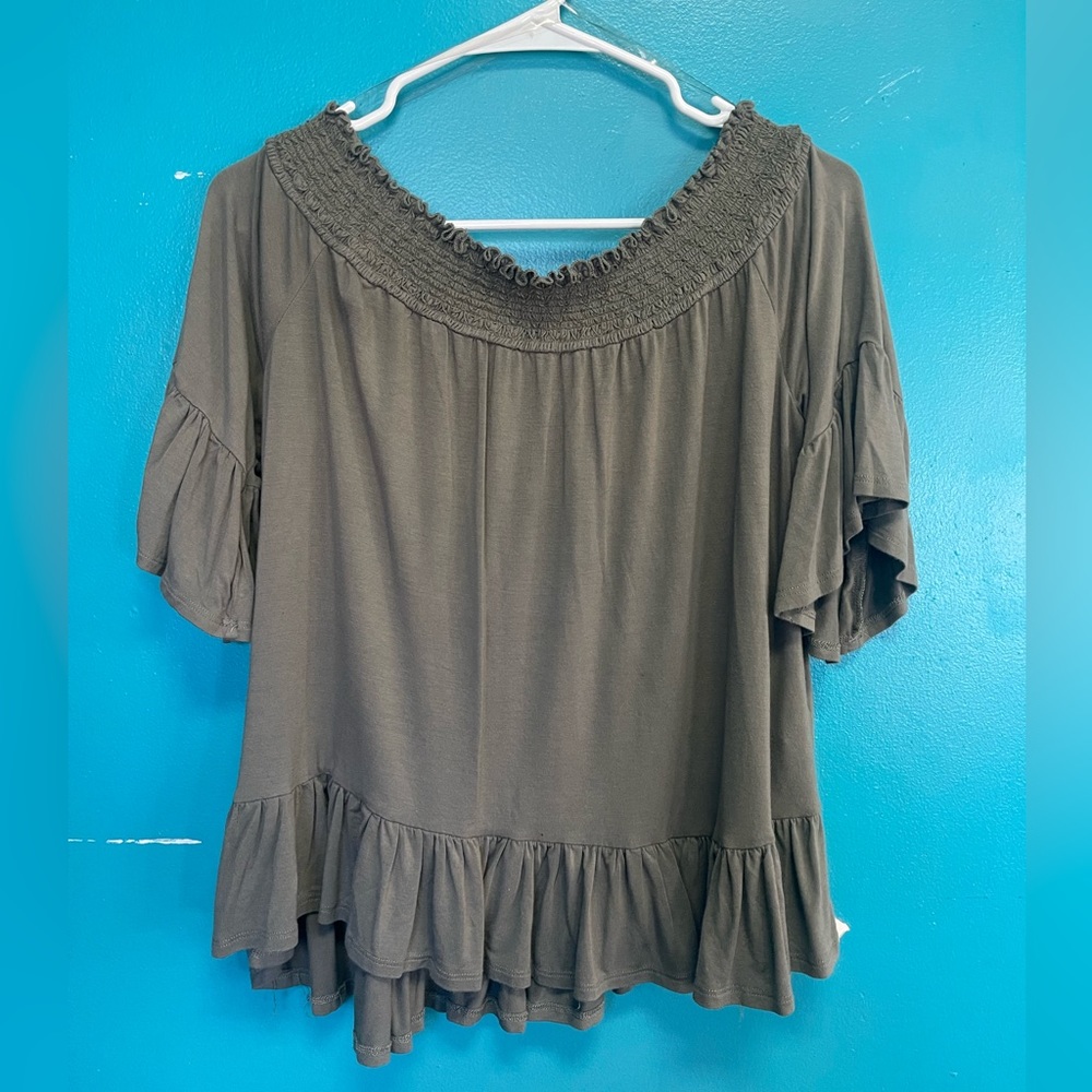 Olive green, off the shoulder shirt